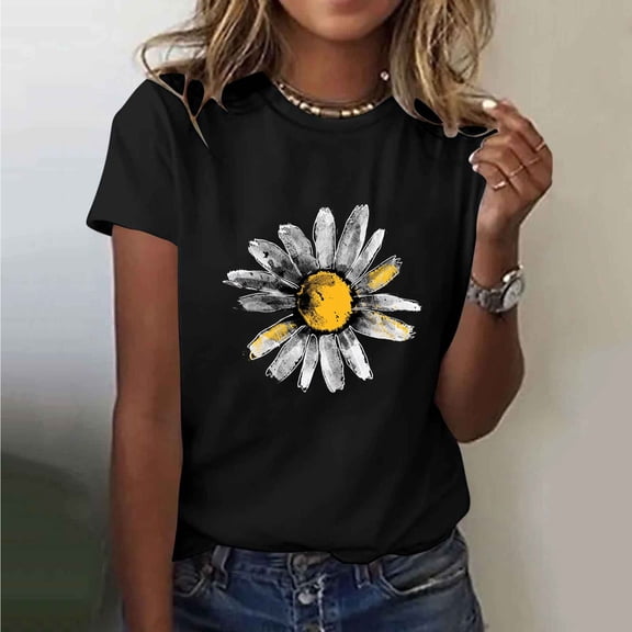 Fznquz Short Sleeve Womens Casual Tops 2025 Summer Shirts Black Crew Neck Graphic Print T Shirts for Women