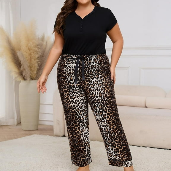 ebukurty Plus Size Black Pajama Sets for Women 2 Piece Short Sleeves V-neck Leopard Print Sleepwear, Sizes 1XL-4XL