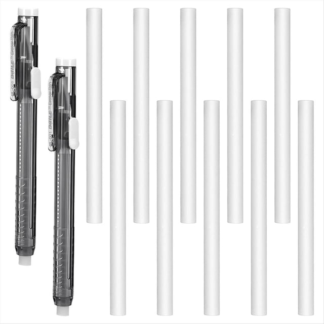12 Pcs Retractable Mechanical Eraser Pen Pen-Style Erasers Precise Erasing Pens White Pencil Eraser Refill,2 pcs x Pen-Style Erasers 10 pcs x Refill
