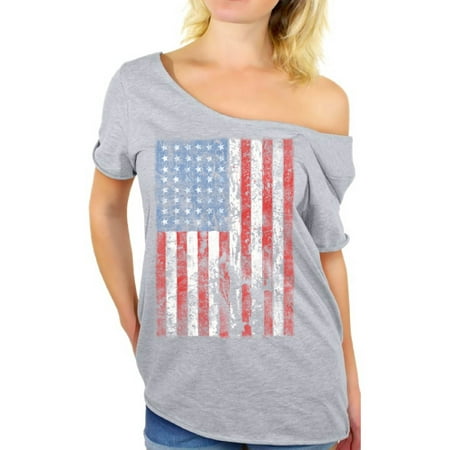 Awkward Styles American Flag Distressed Off the Shoulder T Shirt USA Shirts for Women USA Flag Tshirt Tops for the Independence Day 4th of July Shirts Womens Patriotic Outfit Fourth of July Gifts
