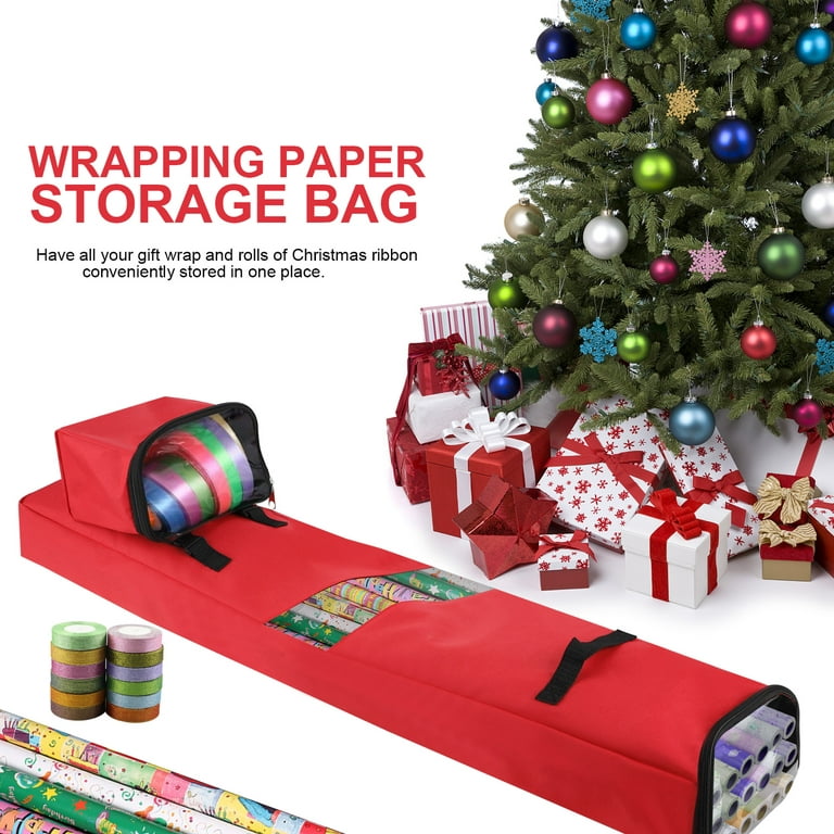 Wrapping Paper Storage Bag Rolls And Ribbon Holder Heavy Duty Tear Proof Christmas  Gift Wrap Storage Organizer With Detachable Pocket Red Green 121*25*12.5cm  
