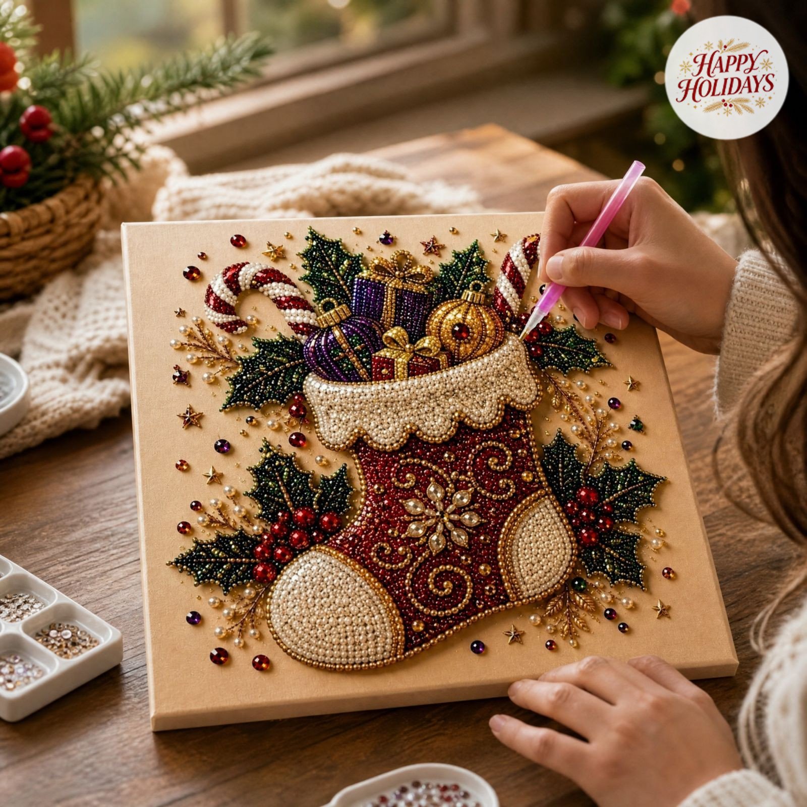 Christmas Diamond Art Kits Pearl Art Kits for Adults Diamond Art Accessories DIY Crafts for Adults Home Wall Decor Sparkling Simulated Pearl Diamond Art Canvas Set with Tools