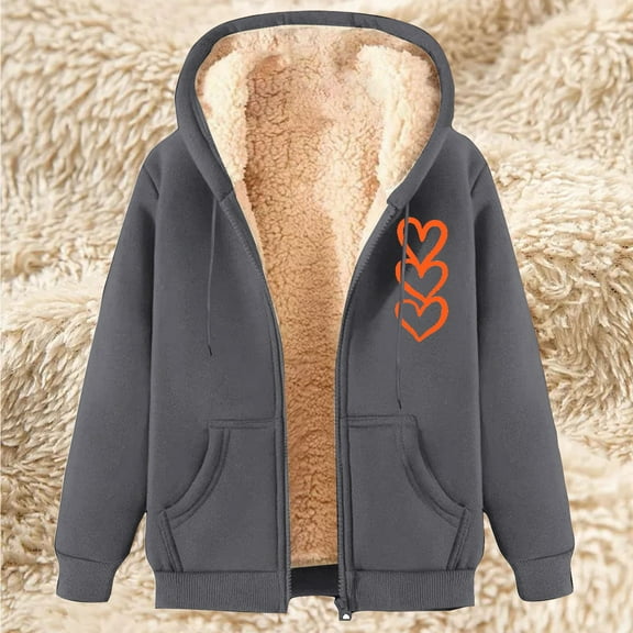Fartey Womens Sherpa Lined Jacket Fashion Casual Fleece Drawstring Hooded Coat Winter Warm Long Sleeve Jackets Cute Heart Print Outerwear with Pockets
