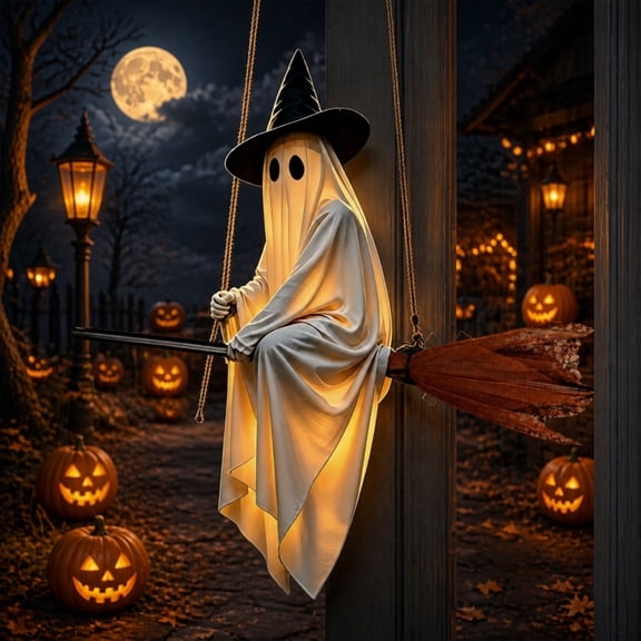 4.6 FT Halloween Hanging Swing Ghost Decor with Remote Control, Light Up Flying Ghost on Broomstick with Witch Hat, Spooky Cute Halloween Outdoor Decorations for Tree Porch Lawn Yard & Party