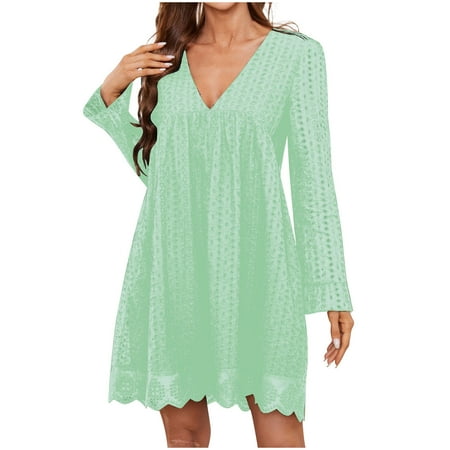 VSSSJ Women s Long Sleeve Lace Eyelet Mini Dresses Casual Loose Solid Color V Neck Pockets Above Knee Ruffle Cute Babydoll Dress Green L