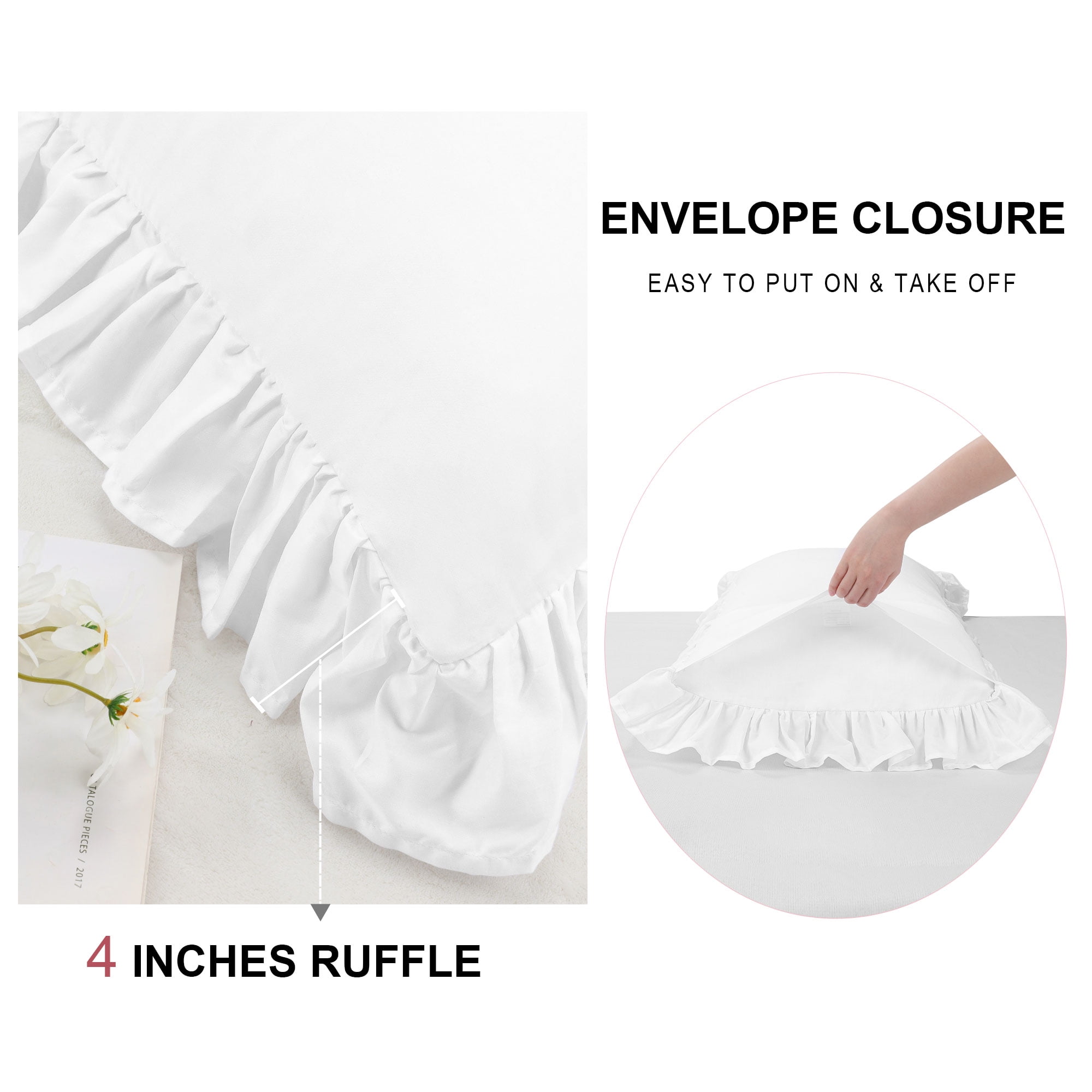 Unique Bargains 2 Pcs 100% Cotton Envelope Closure Ruffled Pillowcases White Standard