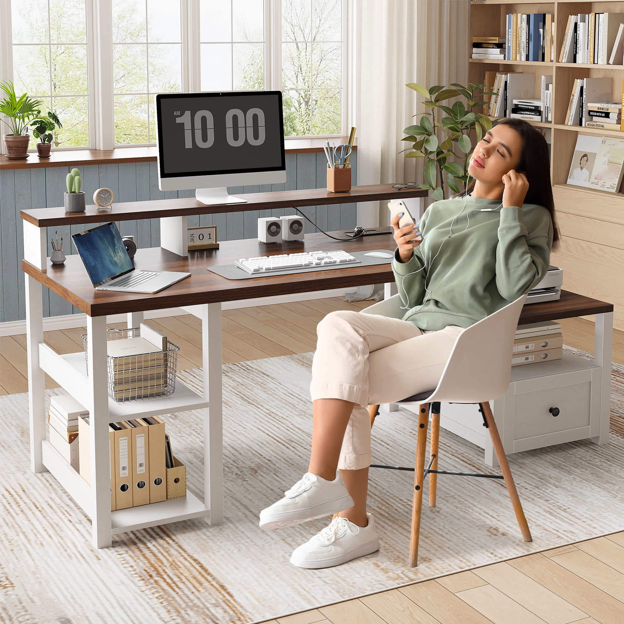 Romorgniz 60" Computer Desk Office Desk with Monitor Stand Home Office Desk with Drawers & 4 Open Storage Shelves Executive Desk with Power Outlets & LED Light for Working Writing, Brown&White