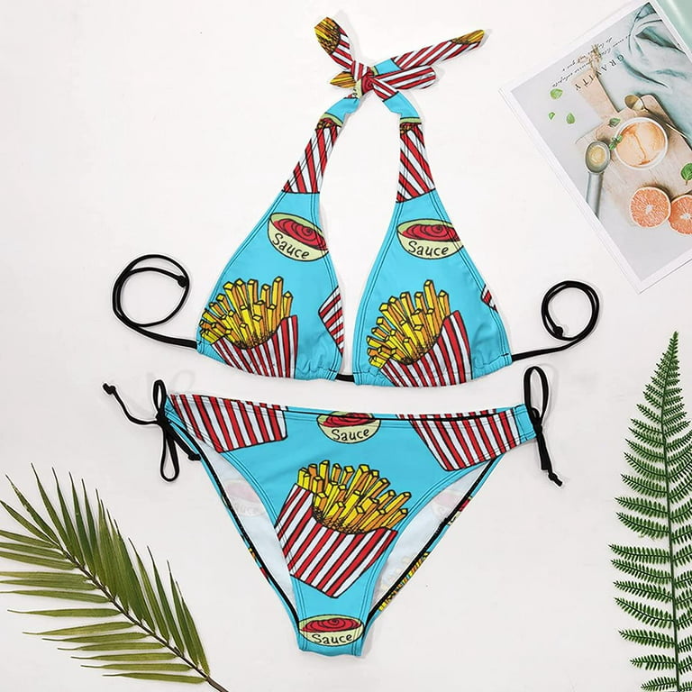 Cute French Fries Pattern Women's Bikini Sets Two Pieces Bathing Suit for  Women Sexy Halter Swimsuit