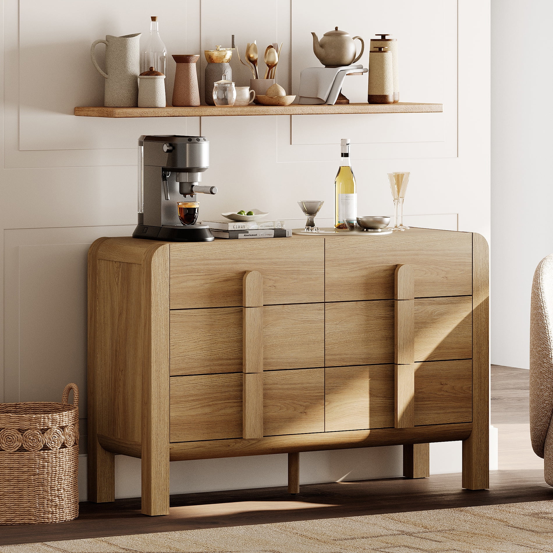 WAMPAT 6 Drawers Dresser for Bedroom, 47.2" W Mid Century Modern Chest of Drawers, Wooden Dressers with Curved Profile Design, Storage Organizer for Bedroom, Closet, Hallway