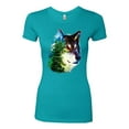 thumbnail image 2 of Earth Wolf Trees Mountains Nature Animal Lover Womens Slim Fit Junior Tee, Tahiti Blue, Small, 2 of 3