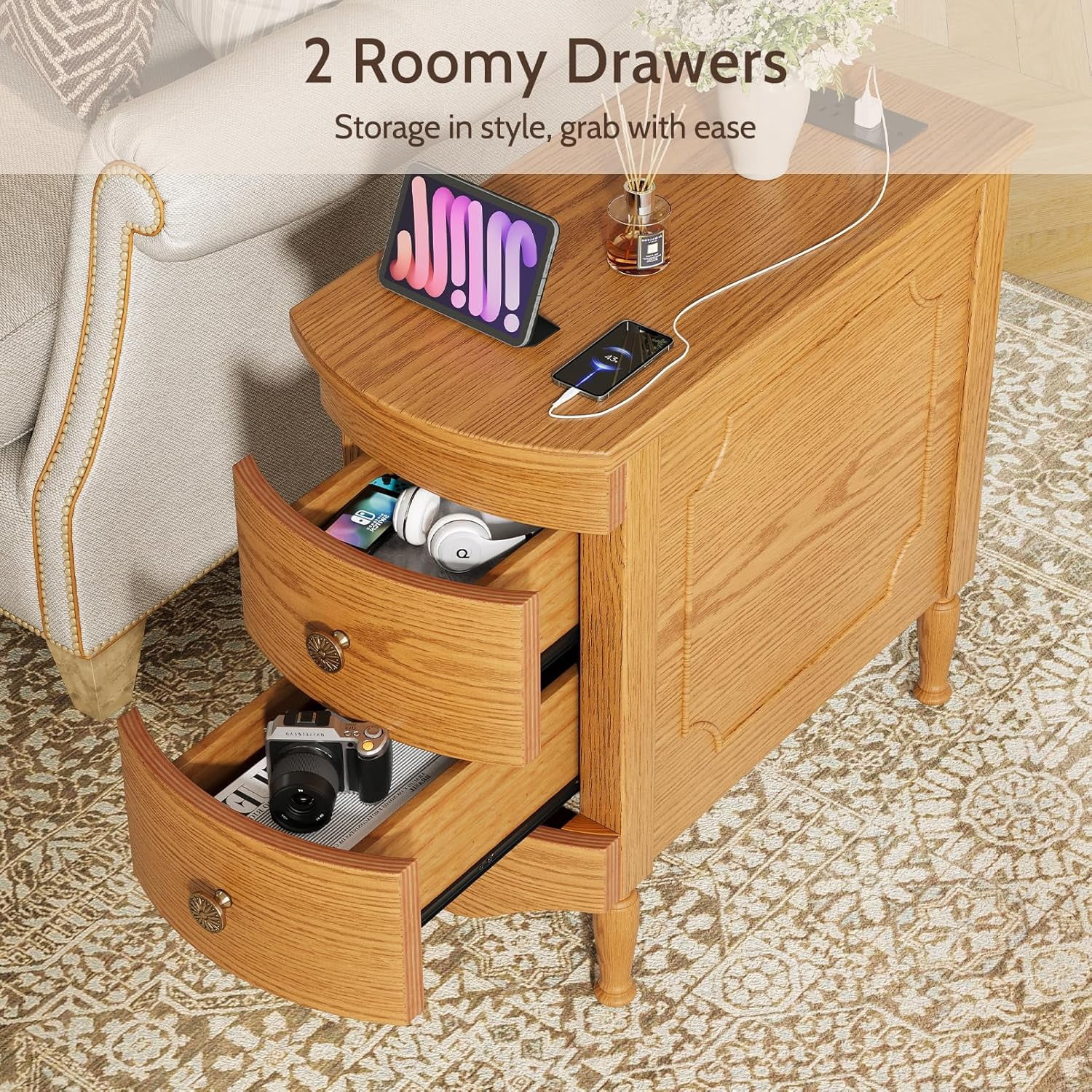 Vividwood Wood End Table with Charging Station, Narrow Side Table with 2 Drawers and Solid Wood Feet, Light Walnut