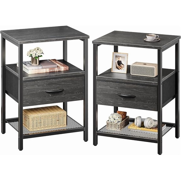 Nightstand Set of 2, Night Stand with Fabric Drawer, Mesh Shelf, Side Table with Storage, Fabric Drawer Dresser, Open Shelf, Metal Frame, Black