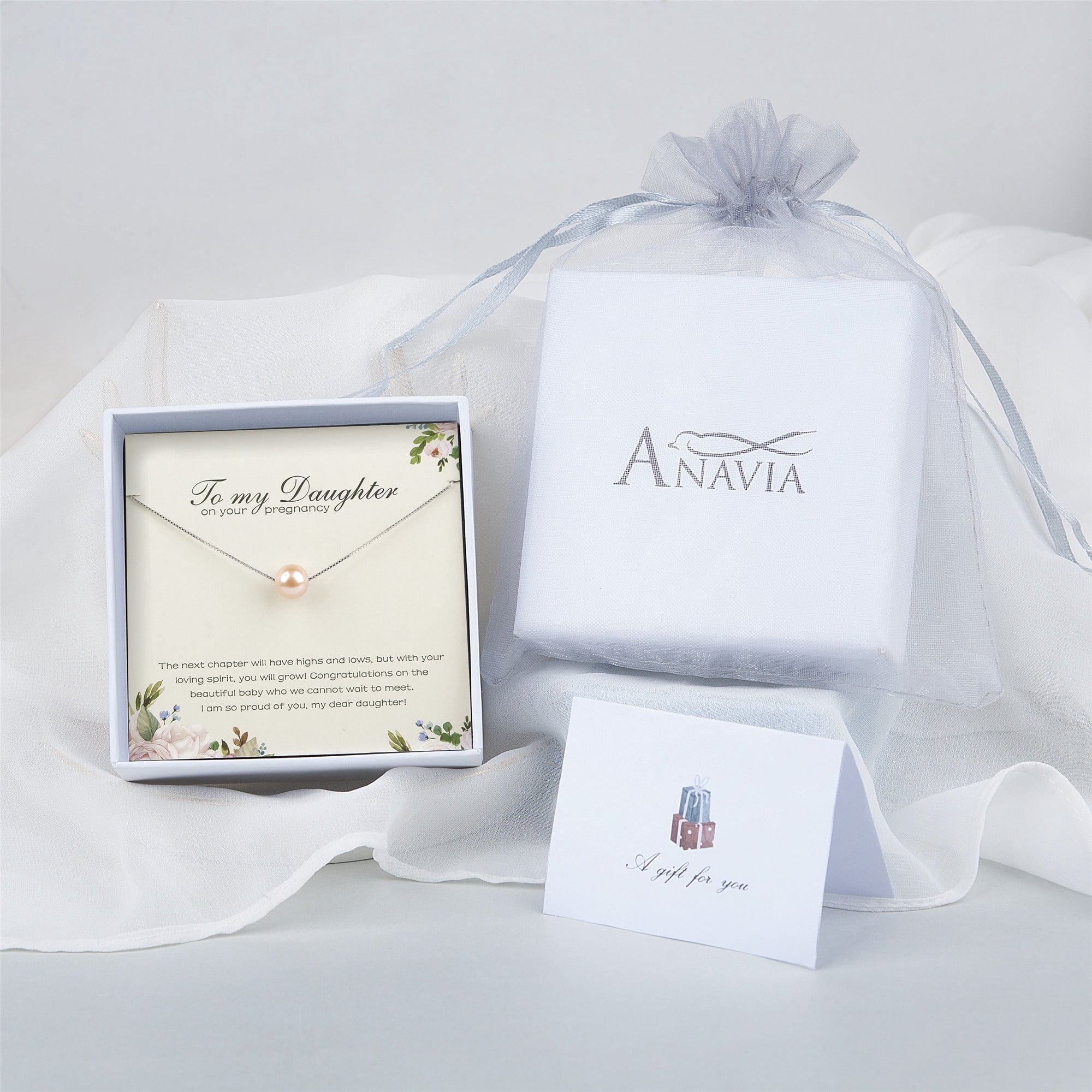 Anavia to Daughter Pregnancy Gift from Mom, Pregnancy Mom Pearl Necklace for Daughter, To My Daughter on your Pregnancy -[Pink Pearl + Silver Chain]