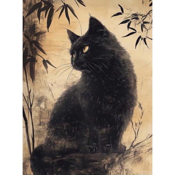 Japanese Black Cat Bathing Moon Lucky Cat Cartoon Illustration Retro Poster Canvas Paintings Wall Art Pictures Home Decor Gifts50 x 70 cm (without frame),SKU-08