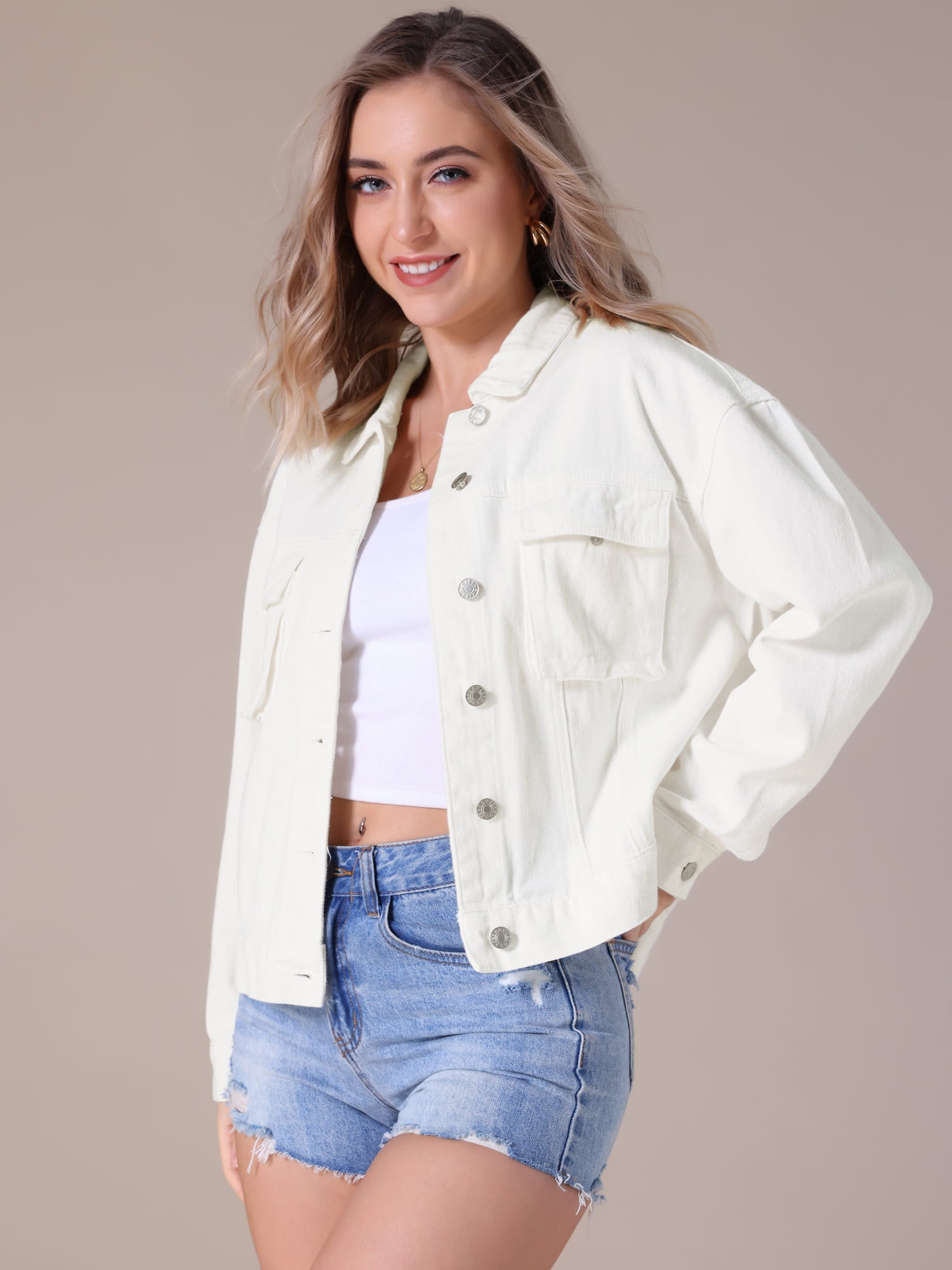 Unique Bargains Women's Button Down Cargo Pockets Denim Western Outfits S White
