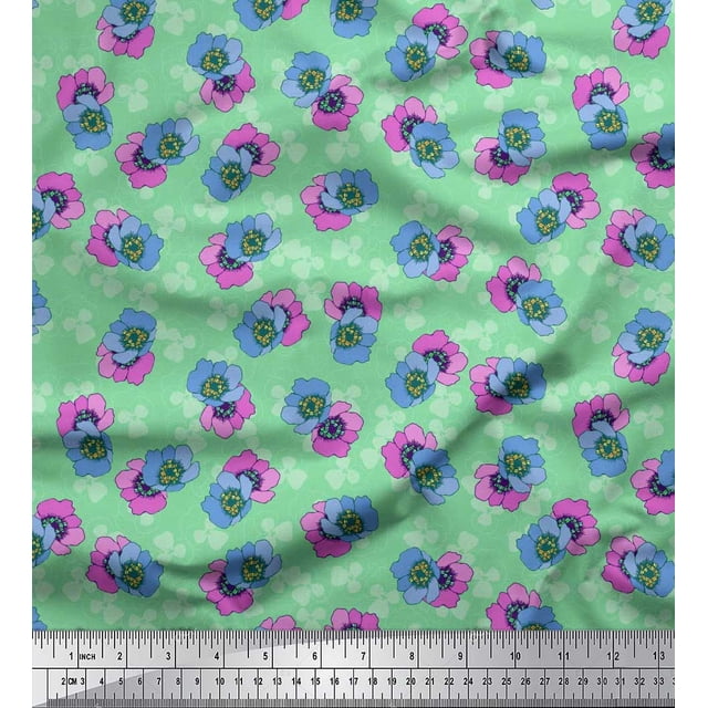 Soimoi Green polyester Crepe Fabric Buttercup Floral Print Sewing Fabric Yard 42 Inch Wide