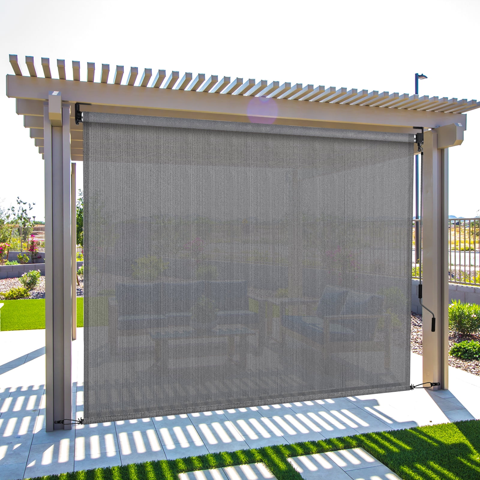 TLGREEN Outdoor Roller Sun Shade 8' x 8', HDPE Shade Cloth, Aluminum Tube (Gray)