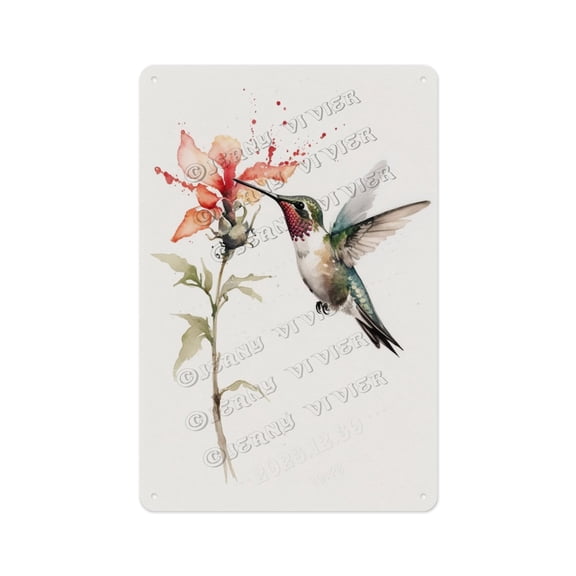 Vintage Aluminum Sign 5.5 x 8 Inches, Watercolor Hummingbird With Flower Design, Adds a Natural and Charming Touch to Living Room, Bedroom, or Garden, Gift For Nature Decor