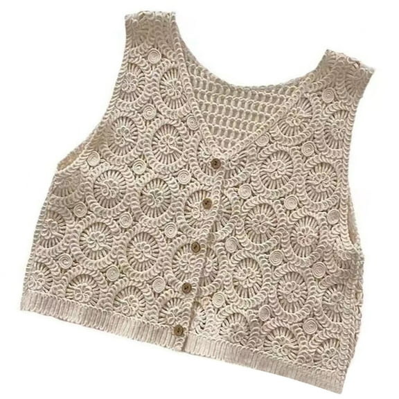 Huhudde Fashionable Hollowed Crochet V Neck Sleeveless Knit Outwear Crop Tanks Top for Women Button Down Cardigan Sweater Vest
