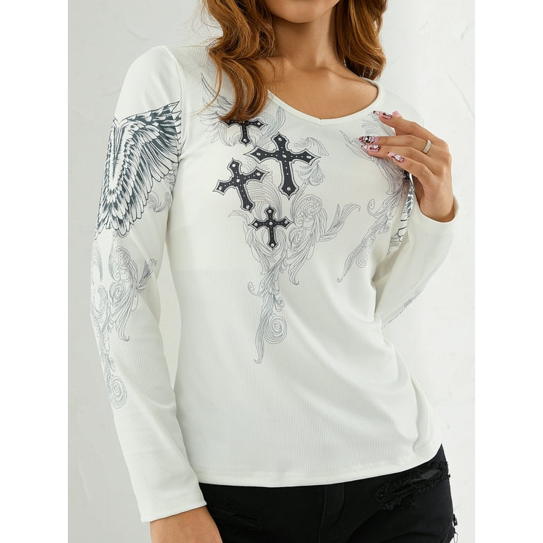 Women Harajuku Long Sleeve Shirt Y2K Skull Print Tops Long Women Harajuku Long Sleeve Shirt Y2K Skull Print Tops Long