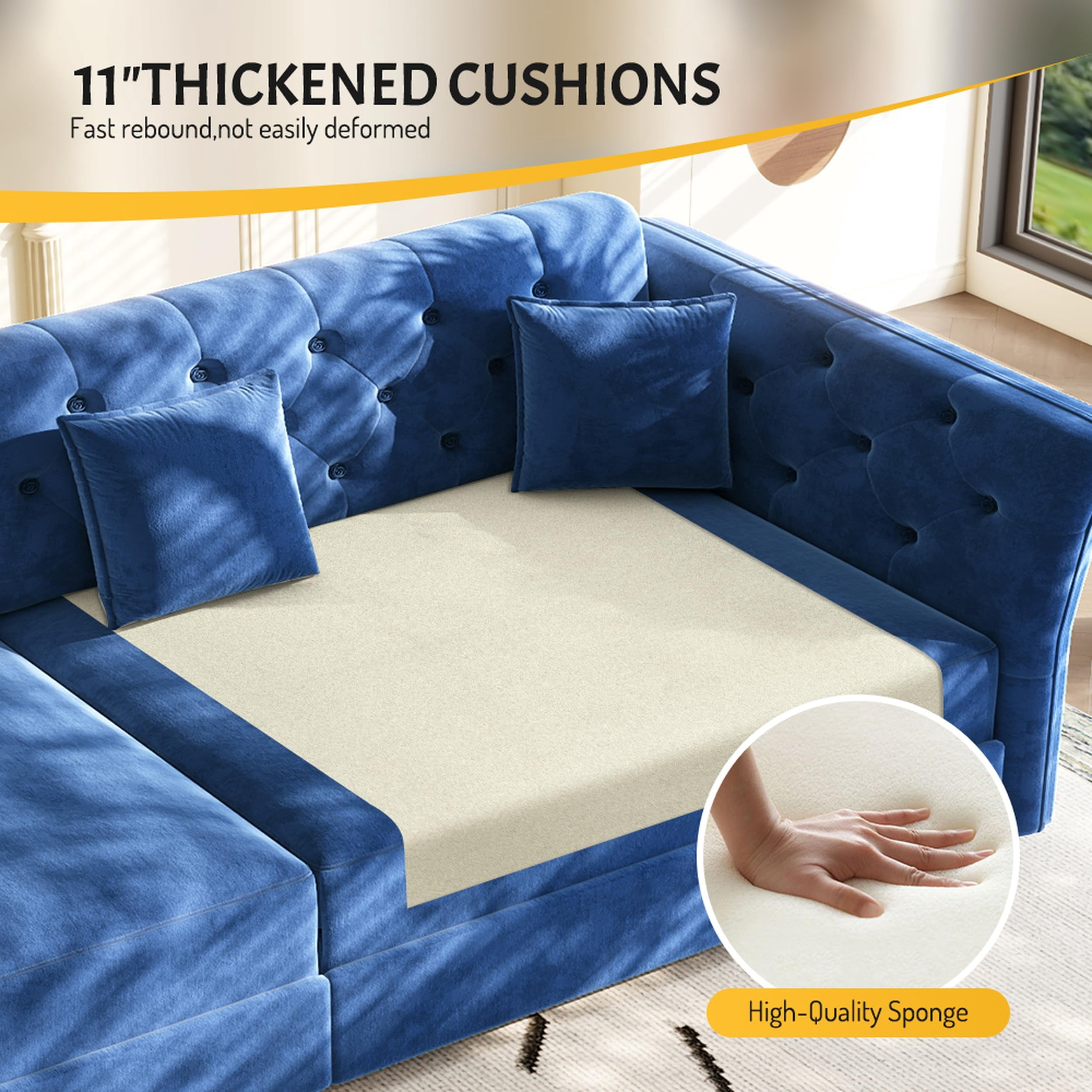 100" Oversize Velvet Sofa Bed, Blue Pull-Out Sleeper Loveseat with Handmade Flower Tufted Design, Convertible Sofa for Living Room, Bedroom, Apartment