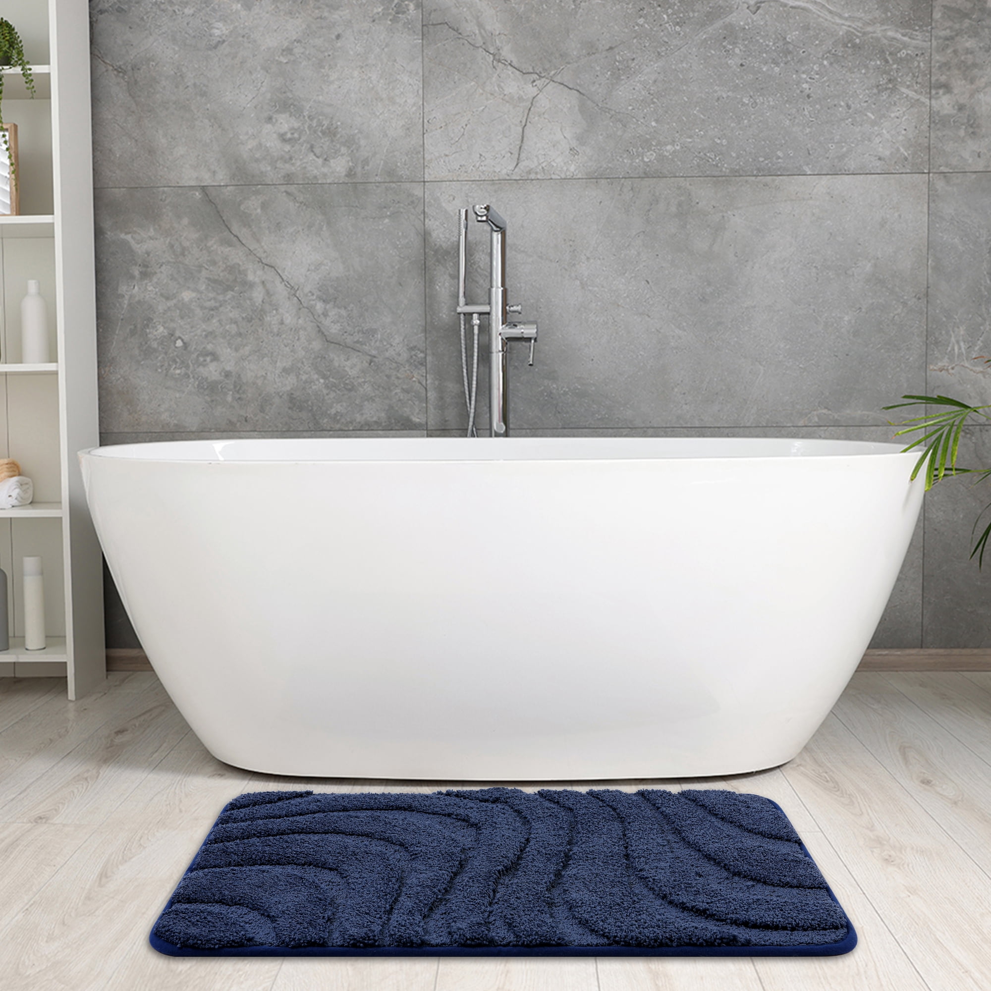 Unique Bargains Non Slip Bath Mat Geometry Bathroom Rug Absorbent Mat Microfiber Bath Rugs Dark Blue 20" x 32"