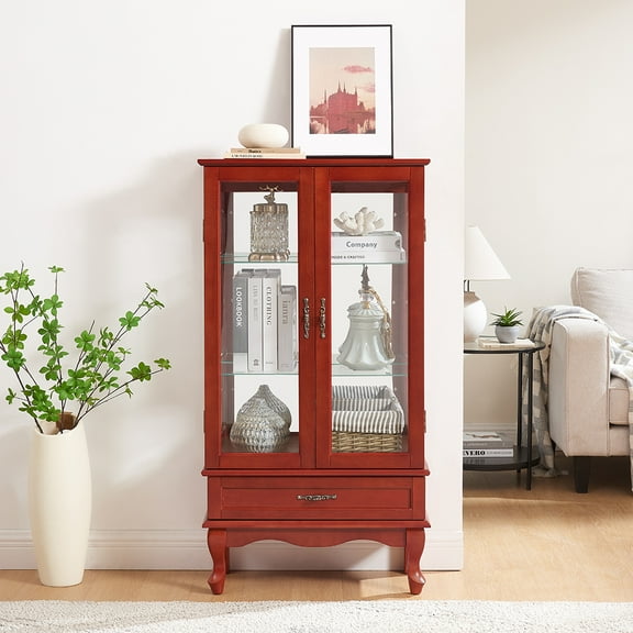 Kepooman Curio Cabinet, Display Case, Display Cabinet,Lighted Glass Cabinet Glass Wine Cabinet Curio Display Cabinet with Doors and drawer,Cherry
