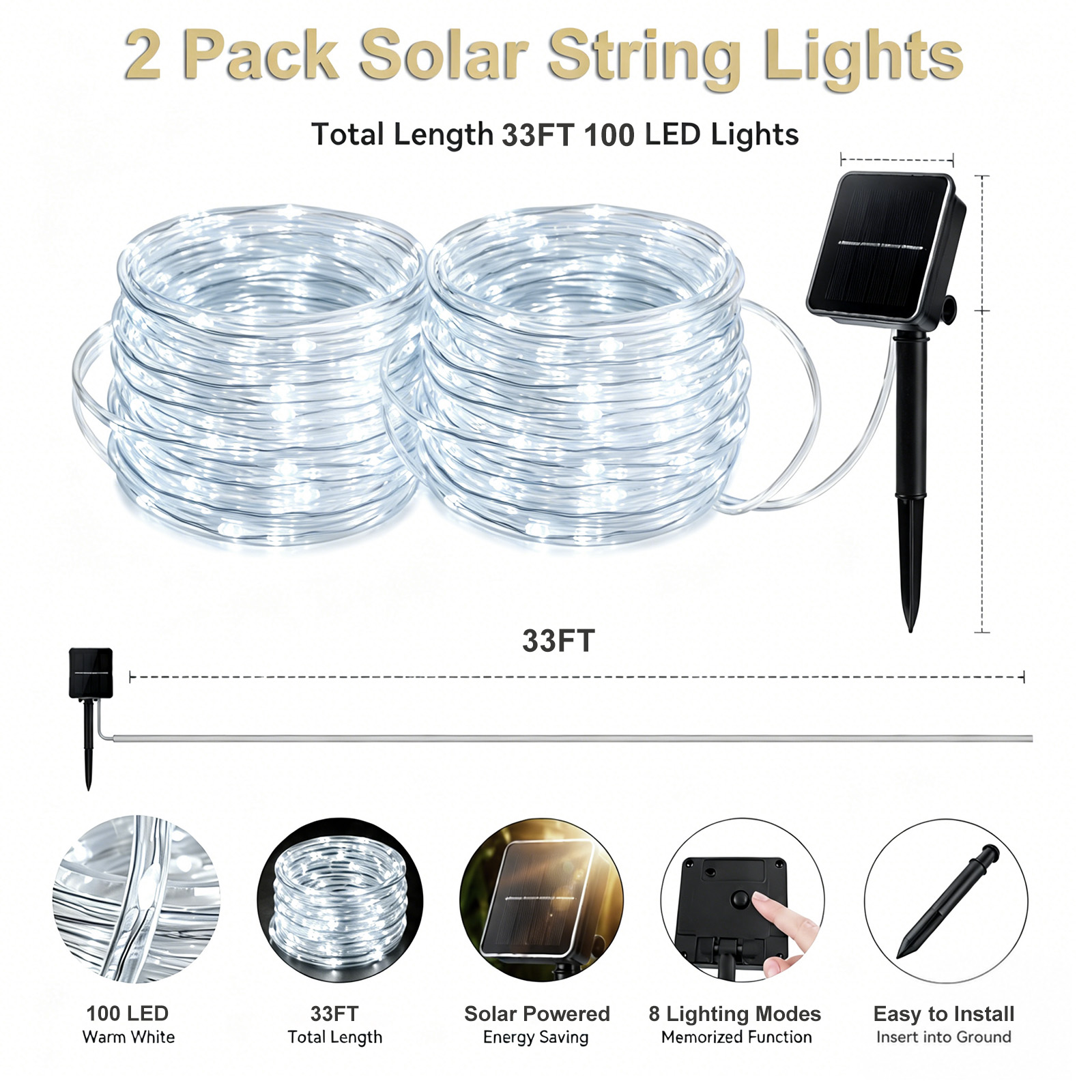 Rirool 2-Pack Solar Rope Lights 33ft 100 LED White 8 Modes photo 7