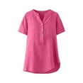 thumbnail image 4 of Htigea Summer Linen T-Shirt for Women Short Sleeve V-Neck Tops Solid Color Casual Tunic Tees Dressy Blouse Hot Pink L, 4 of 9