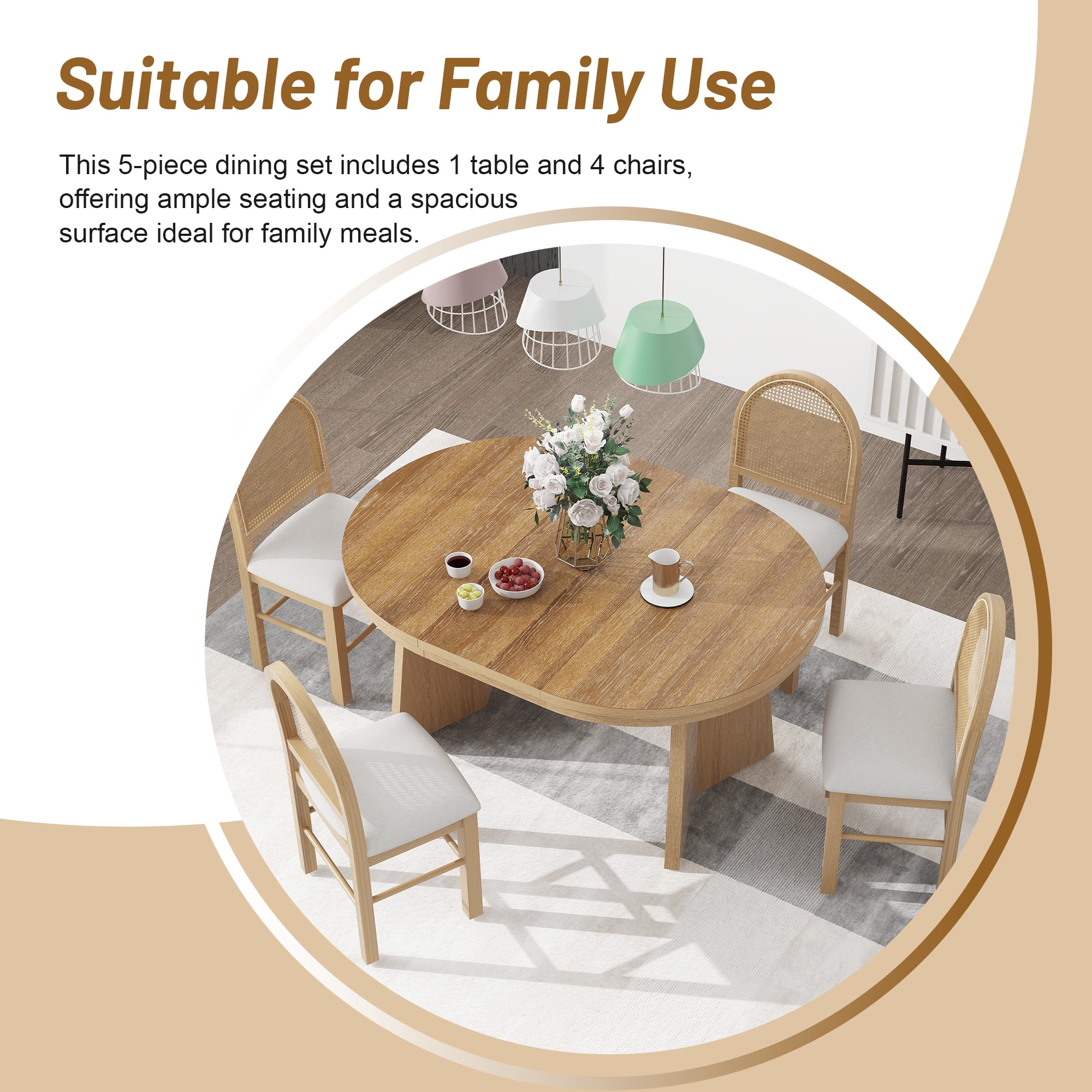 Harper & Bright Designs Round Extendable Dining Table Set for 4, Retro Kitchen Dining Table and 4 Upholstered Chairs with Rattan Backrests for Dining Room, Natural Wood Wash