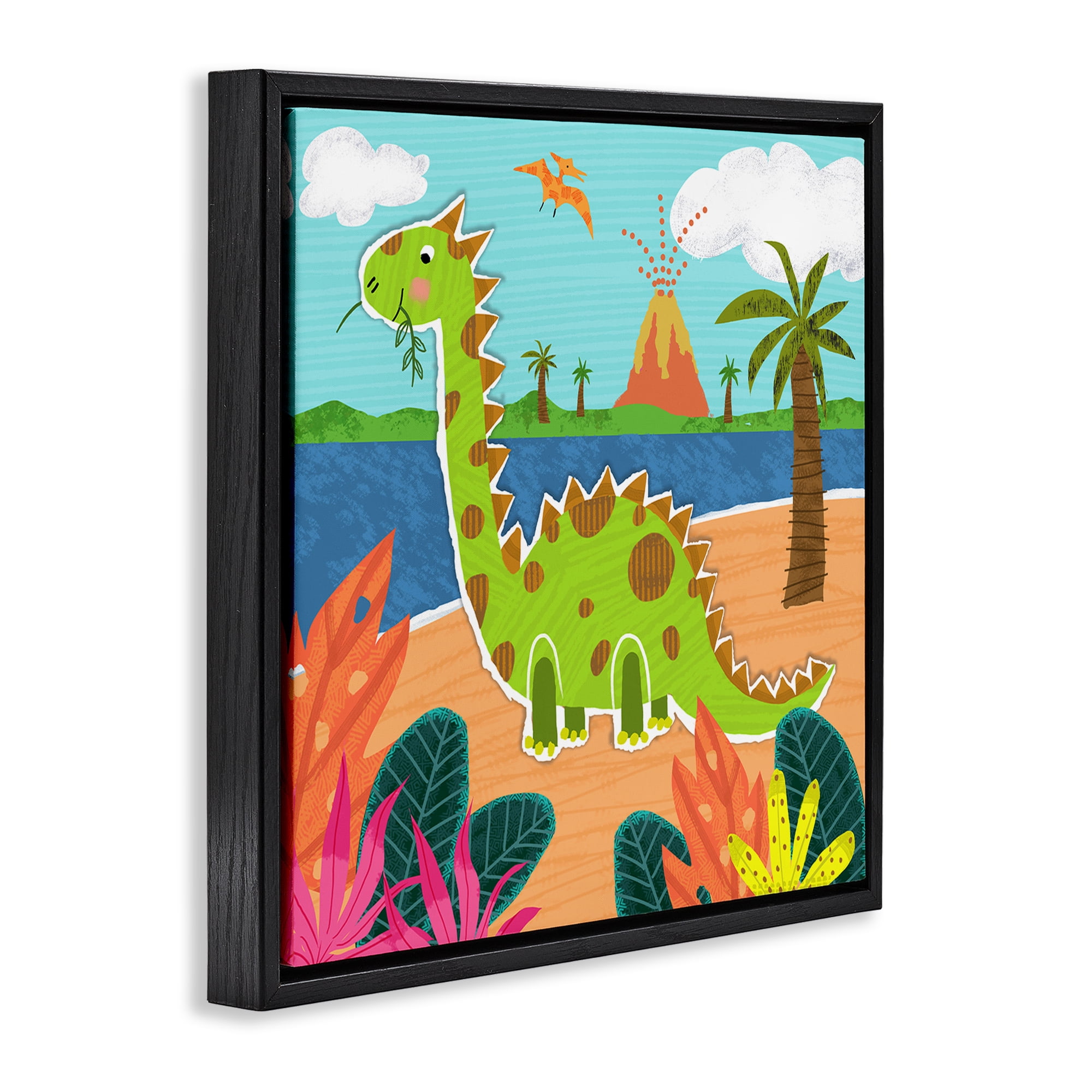 Stupell Industries Dinosaur on Beach Animals Painting Black Floater Framed Canvas Art Print Wall Art, 18 x 18