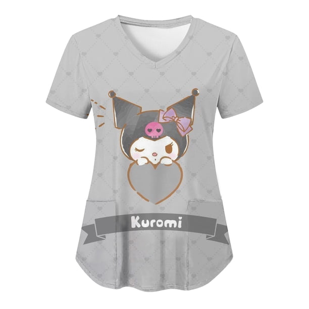 Sanrio Kuromi-Camiseta con estampado de Hello Kitty para mujer, camisa con bolsillo y cuello en V, uniforme de enfermera con estampado HD de dibujos animados, Y2k, novedad de verano
