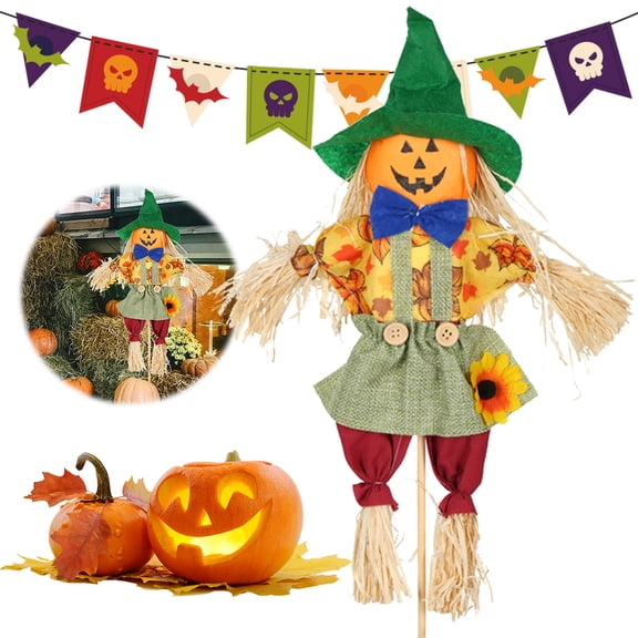 JIAnyrg Halloween Scarecrow Decorations 21.6 inch Fall Harvest Standing Thanksgiving Scarecrows with Bow for Autumn, Garden, Yard, Porch Decor Green