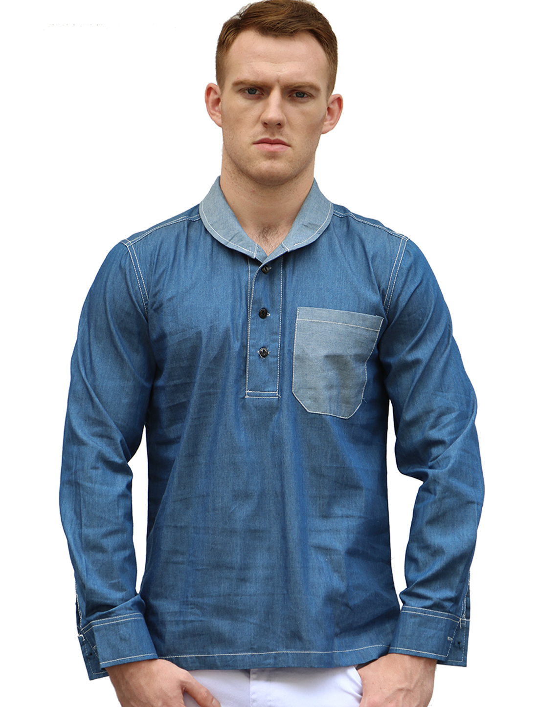 Men Shawl Collar Half Button Closure Long Sleeves Denim Shirt Blue S Walmart Canada