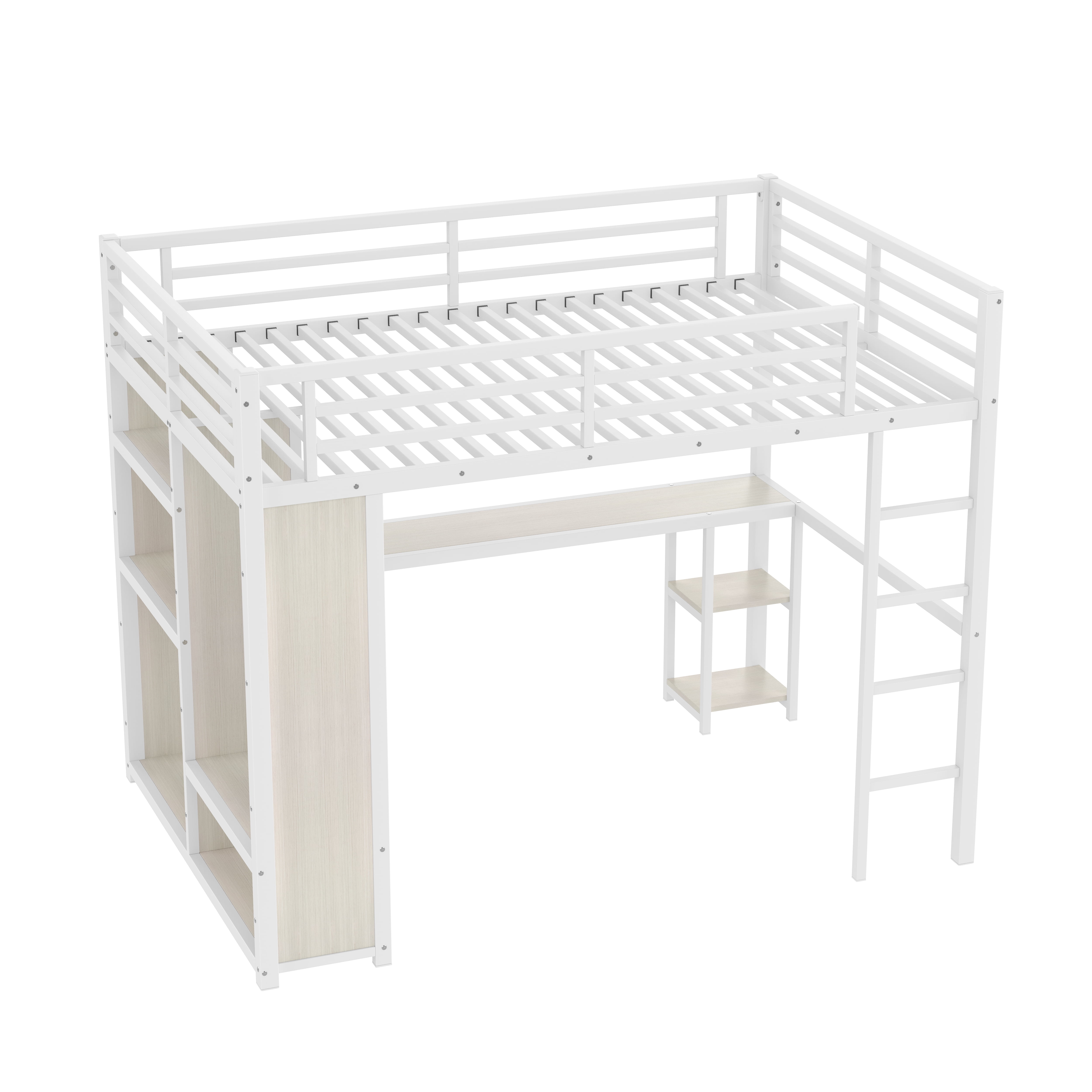 Leumius Queen Size Metal Loft Bed with Built-in Wardrobe,Heavy Duty Loft Bed Frame with Desk and Storage Shelves,Space-Saving,White