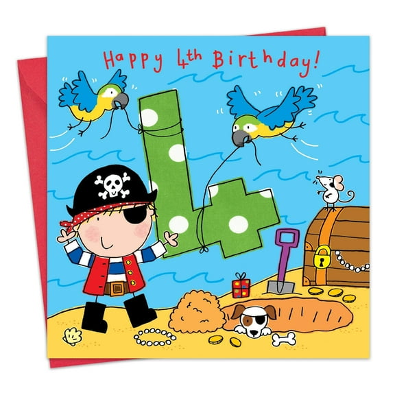 Twizler 4th Birthday Card for Boys - Pirate - Children's Age 4 Happy Birthday Greeting Card for Son Grandson Nephew Kids