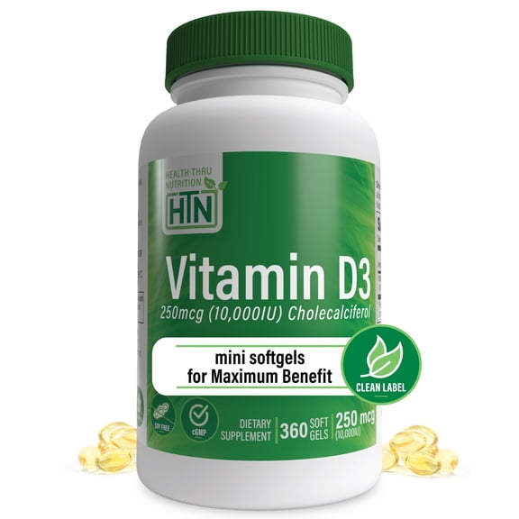 Vitamin D3 10,000iu (Non-GMO) 360 Softgels by Health Thru Nutrition