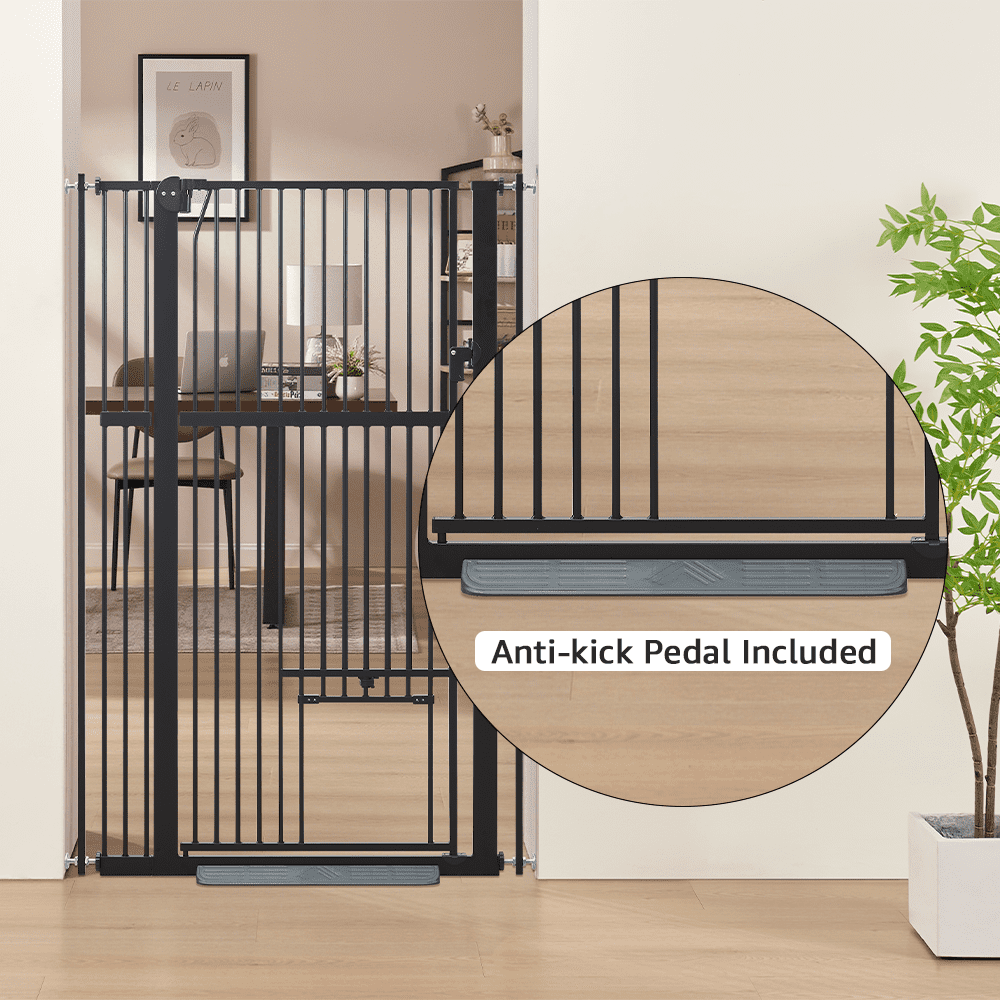 unipaws 56" Tall Baby Gate with Cat Door, 31-37" Wide Pressure Mounted Dog Gate for Stair Doorway, Walk Through Pet Gate, Black