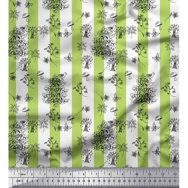Soimoi Green Georgette Viscose Fabric Text & Tree Stripe Print Sewing Fabric Yard 42 Inch Wide