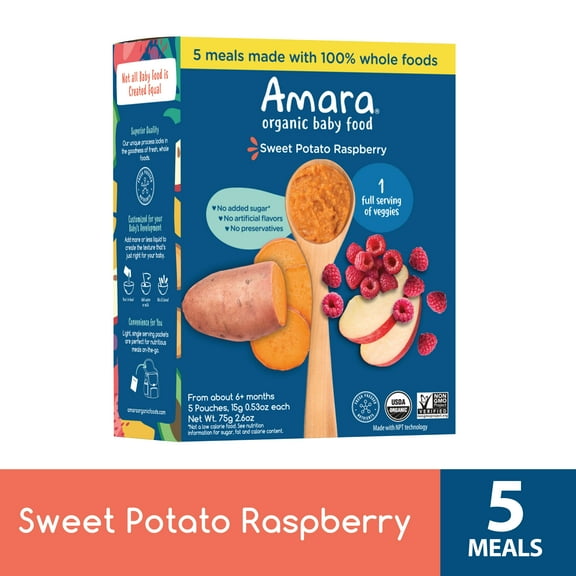 Amara Organic Baby Food Sweet Potato Raspberry, No Added Sugar, Stage 2, 5 Individual Servings