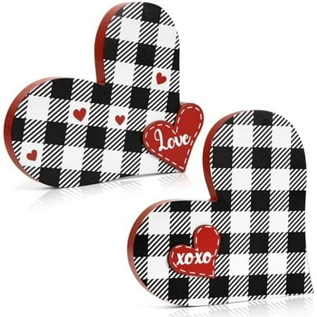 2 Pcs Valentine’s Day Wood Love Sign Heart Shaped, Valentine Tray Decor, Buffalo Plaid Love Xoxo Wooden Centerpiece for Table, Valentine Decorations for Home, Wedding Engagement Party Gift Decoration