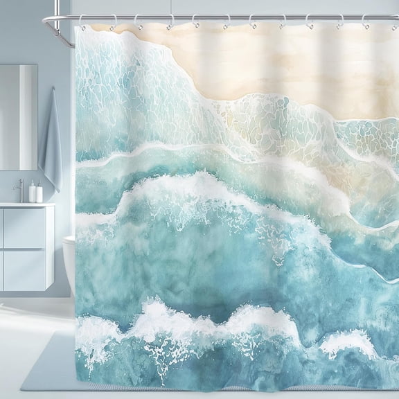 Extra Long Beach Ocean Wave Shower Curtain for Bathroom Decor 72Wx84H Teal Blue Coastal Nautical Sea Modern Minimalist Art Printed Fabric Polyester Waterproof 12 Pack Plastic Hooks