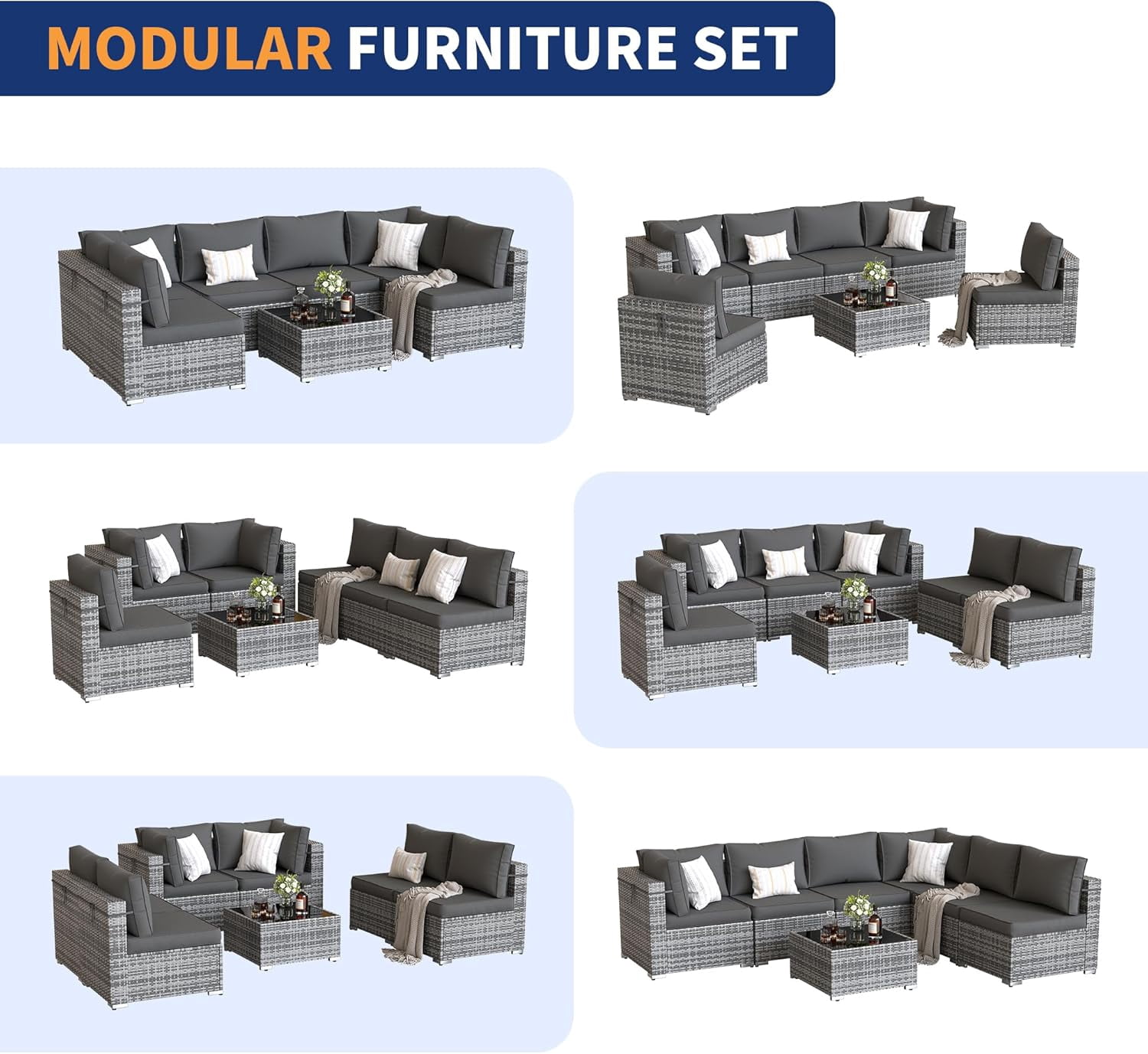 ELPOSUN Patio Furniture Set, 7-Piece Patio Furniture Set with Coffee Table & Waterproof Covers, All-Weather Wicker Outdoor Sectional for Backyard Balcony, Gray