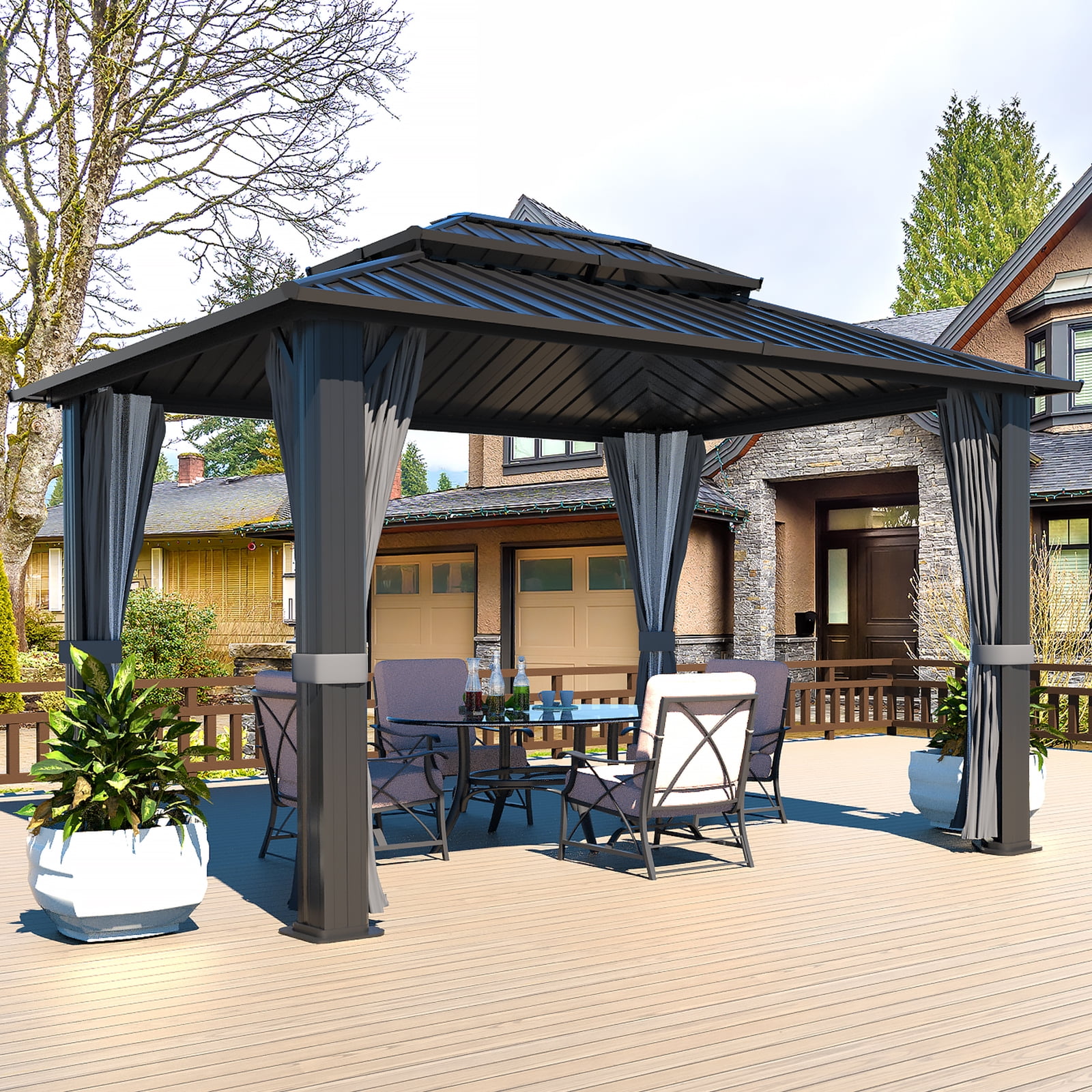 VEIKOUS 10' x 10' Outdoor Hardtop Gazebo, Double Roof Metal Gazebo for Patio, Garden, Lawn and Party, Black