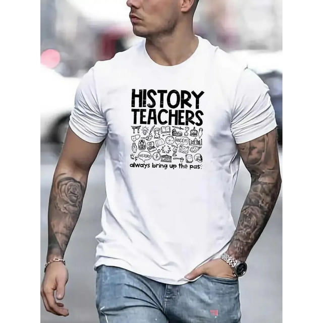 Camiseta de manga corta con estampado geométrico para hombre: tejido de poliéster transpirable, cuello redondo, corte regular, cómoda para uso diario y de ocio en verano, diseño humorístico de profeso