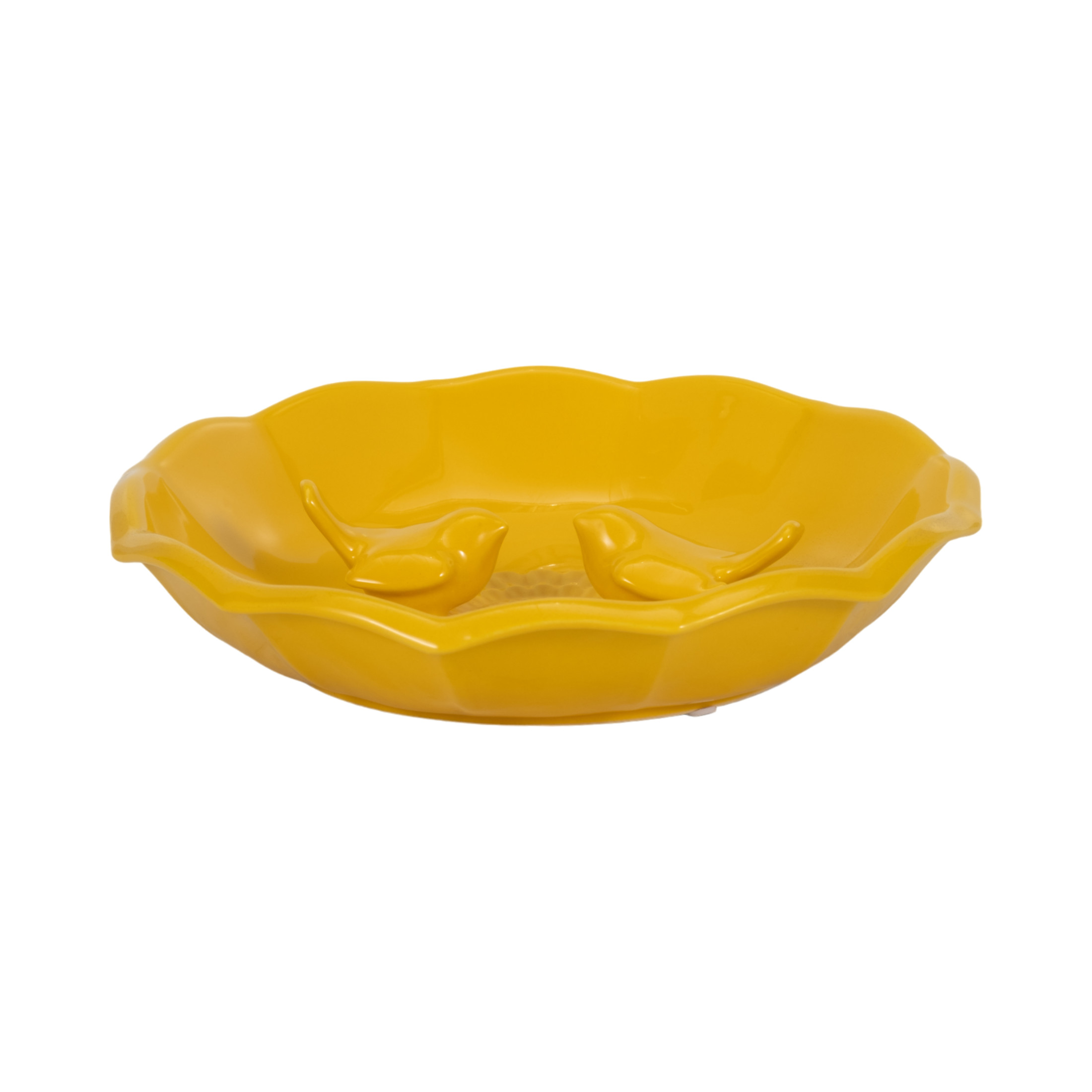 Ceramic Bird Feeder for Outdoors - Flower Bowl Bird Bath Style, Floor Bird Feeder for Garden and Yard Tabletop or Ground - Decorative Accent for Feeding Wild Birds in Outdoor Spaces - 2", Yellow