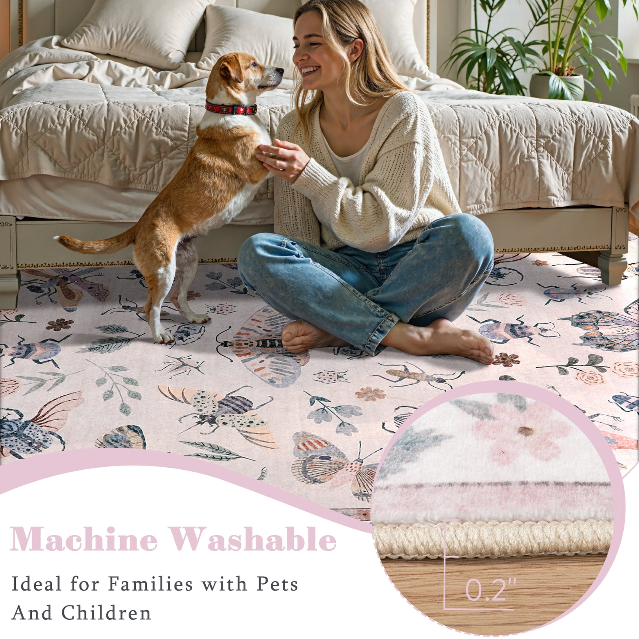 Moynesa Insect 6'x9' Area Rugs Washable Rug for Living Room Soft Natural Girls Bedroom Rug Large Bug Accent Carpet for Dining Room Sunroom Playroom Stain Resistant Non Slip, Pink