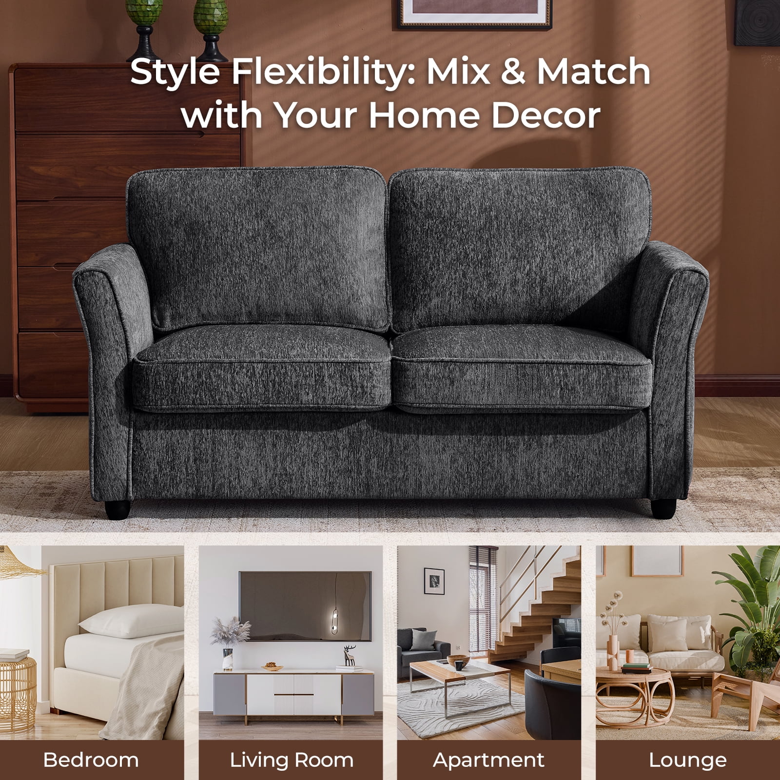 Ktaxon 68" Loveseat Sofa, 2-Seater Chenille Fabric Couch, Compact Sofa for Living Room, Bedroom, Apartment, Small Places Dark Gray
