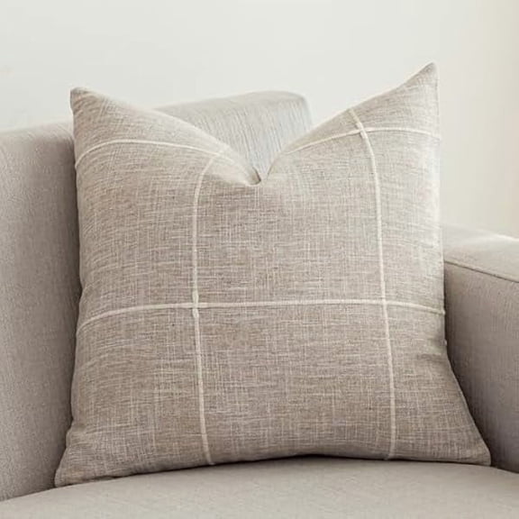Pillow Cover Rustic Lattice Cotton Linen Decorative Throw Pillow Cover Embroidery Square Cushion Cover Pillowcase for Sofa Bedroom Couch (Plaid Coffee, 24"x24")