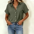 thumbnail image 5 of VBVC Women's Cotton Linen Button Down Blouse , Ladies' V Neck Short Sleeve Work Shirt , Summer Loose Fit Solid Tunic Top For Women, Army Green , S-2XL, 5 of 8